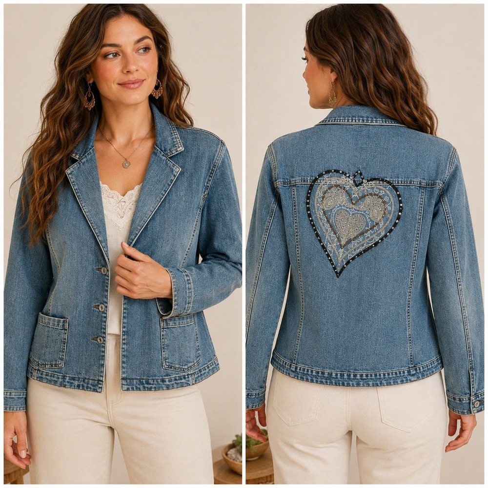 Chicos Platinum Denim Jacket Size 3 XL Embroidered Heart Stud Y2K Western Boho